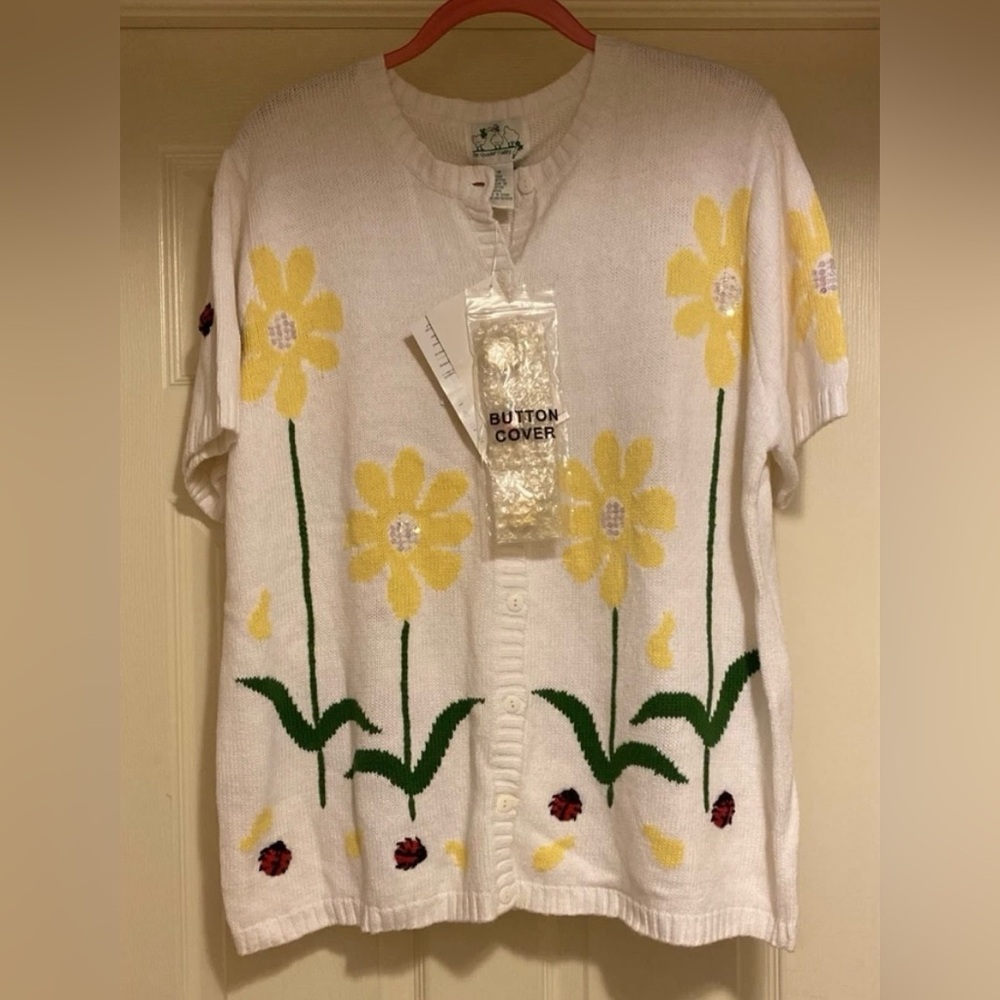 Quacker Factory Vtg White and Yellow Floral Short Sleeve Cardigan Sweater 1X
